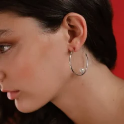 Pearl Hoop Earrings|Majorica Alba Silver Hoop Earrings
