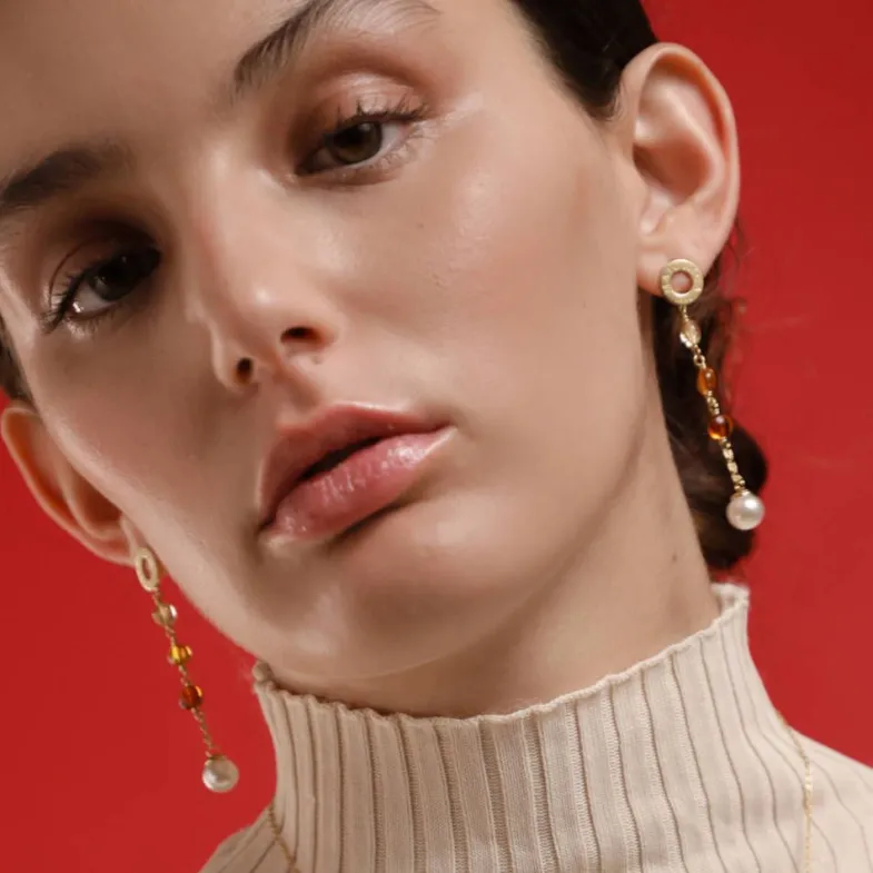 Pearl Drop Earrings|Majorica Algaida Golden Long Earrings With Pearl And Amber Murano Glass