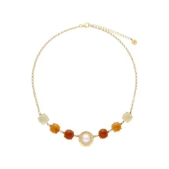 Pearl Chain Necklaces|Majorica Algaida Golden Necklace With Half-Ball Pearl And Amber Murano Glass