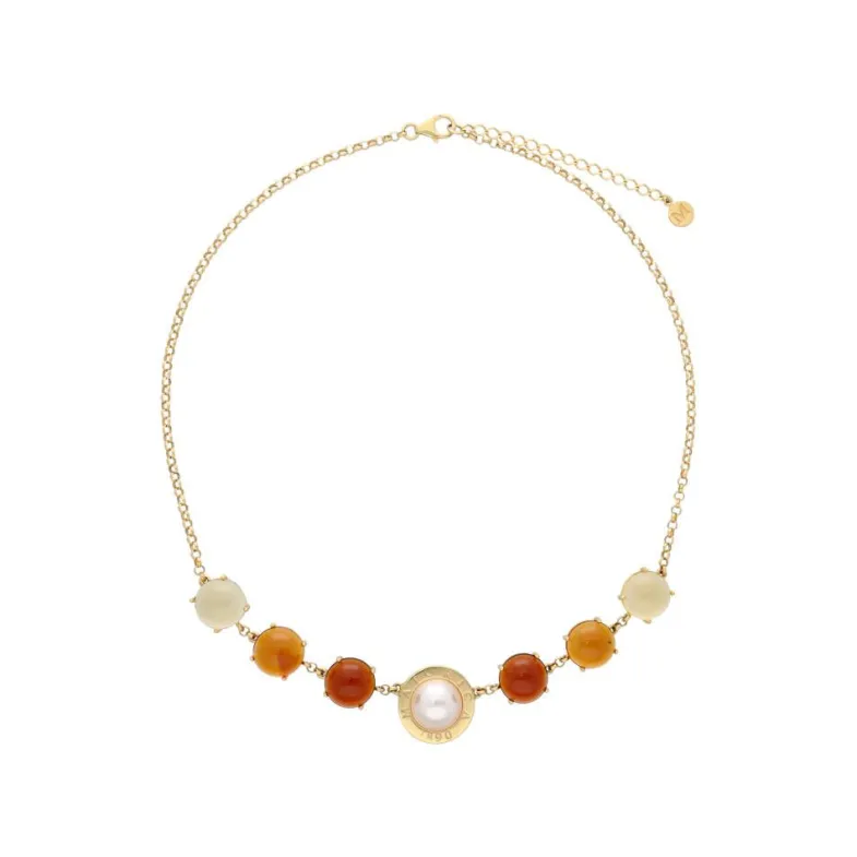 Pearl Chain Necklaces|Majorica Algaida Golden Necklace With Half-Ball Pearl And Amber Murano Glass