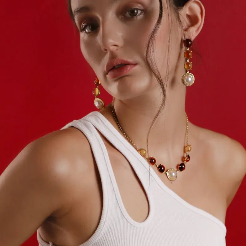 Pearl Chain Necklaces|Majorica Algaida Golden Necklace With Half-Ball Pearl And Amber Murano Glass