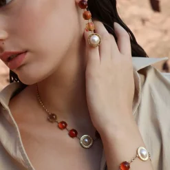 Pearl Chain Necklaces|Majorica Algaida Golden Necklace With Half-Ball Pearl And Amber Murano Glass