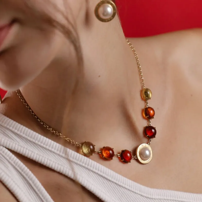 Pearl Chain Necklaces|Majorica Algaida Golden Necklace With Half-Ball Pearl And Amber Murano Glass