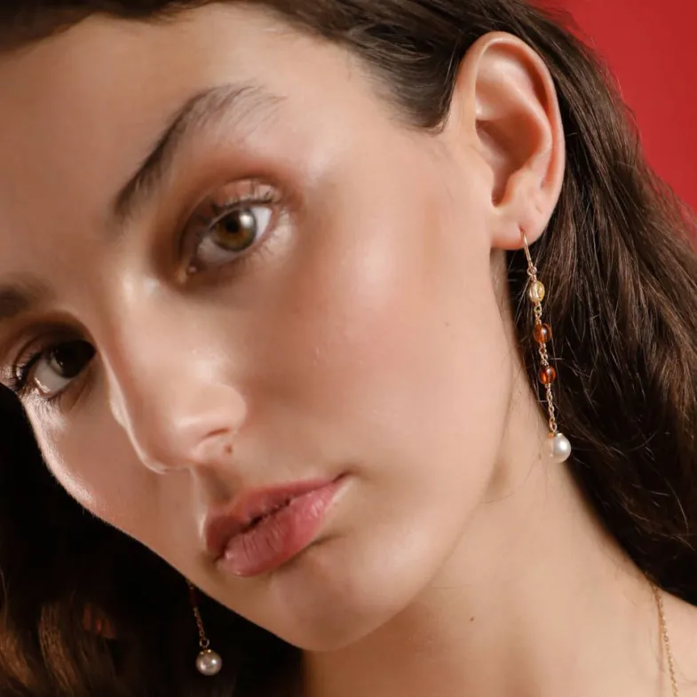 Pearl Drop Earrings|Majorica Algaida Long Fish Wire Earrings, Golden And Amber