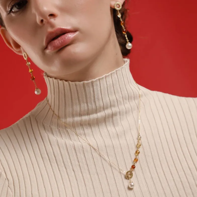 Pearl Chain Necklaces|Majorica Algaida Short Necklace Golden With Pearl And Amber Murano Glass
