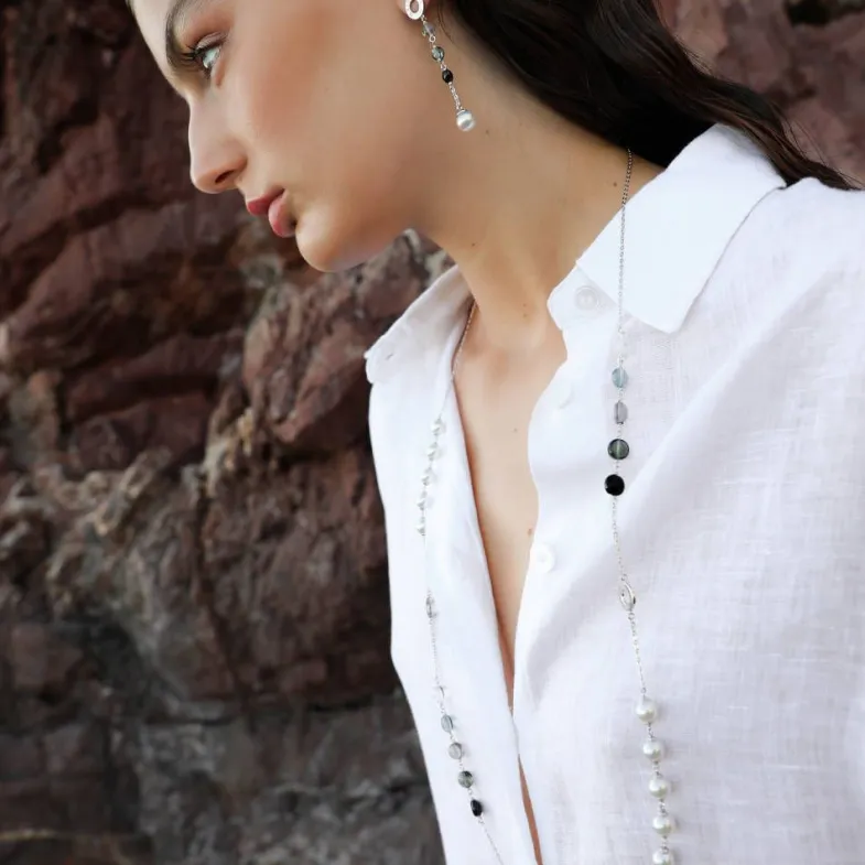 Pearl Drop Earrings|Majorica Algaida Silver Long Earrings With Pearl And Black Murano Glass