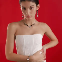 Pearl Chain Necklaces|Majorica Algaida Silver Necklace With Half-Ball Pearl And Black Murano Glass