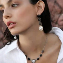 Pearl Chain Necklaces|Majorica Algaida Silver Necklace With Half-Ball Pearl And Black Murano Glass
