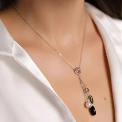 Pearl Chain Necklaces|Majorica Algaida Silver Short Necklace With Black Murano Glass