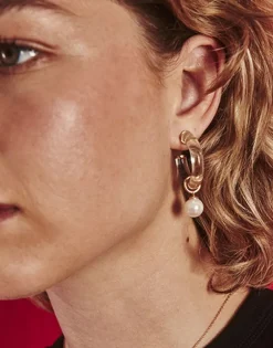 Pearl Hoop Earrings|Majorica Ayla Golden Earrings In High-Resistance Glass