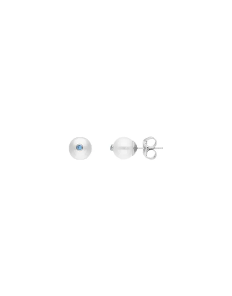 Pearl Stud Earrings|Majorica Color Pop Earrings With Round White Pearl And Blue Zirconia