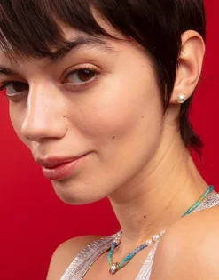 Pearl Stud Earrings|Majorica Color Pop Earrings With Round White Pearl And Blue Zirconia