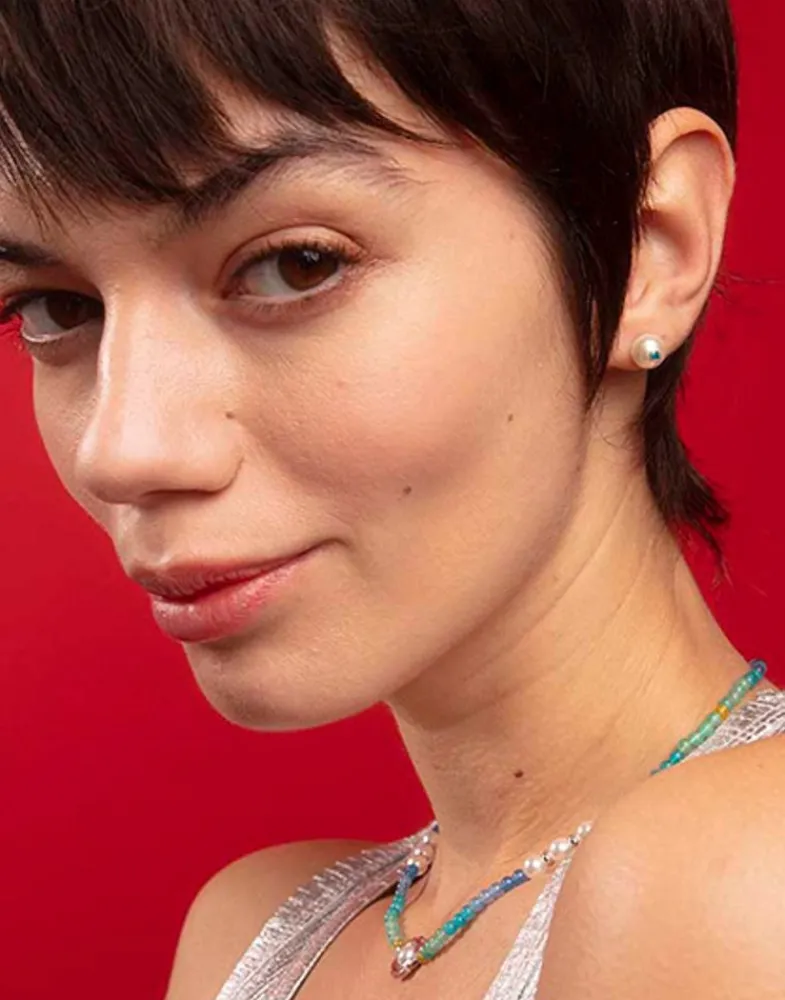 Pearl Stud Earrings|Majorica Color Pop Earrings With Round White Pearl And Blue Zirconia