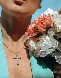 Pendant Chain|Majorica Crosses Collection Gold Pendant With White Pearl