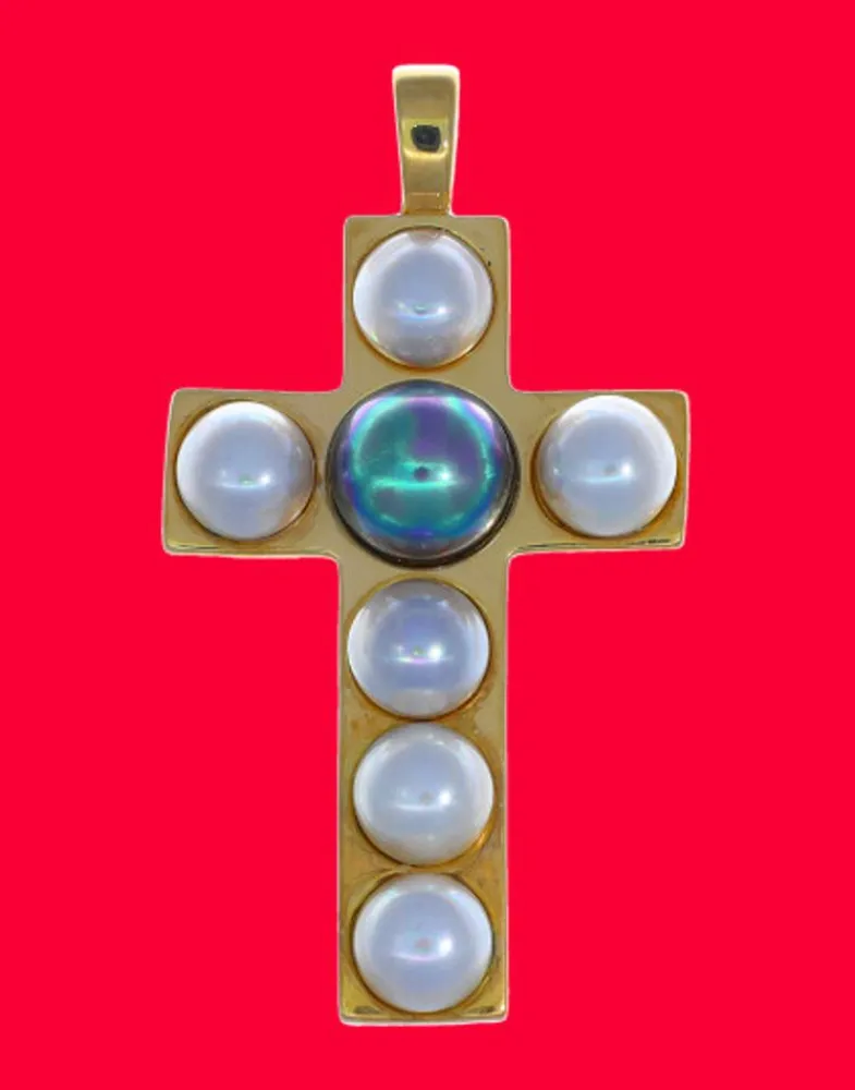Pendant Chain|Majorica Crosses Collection Gold Pendant With White And Gray Half-Pearl