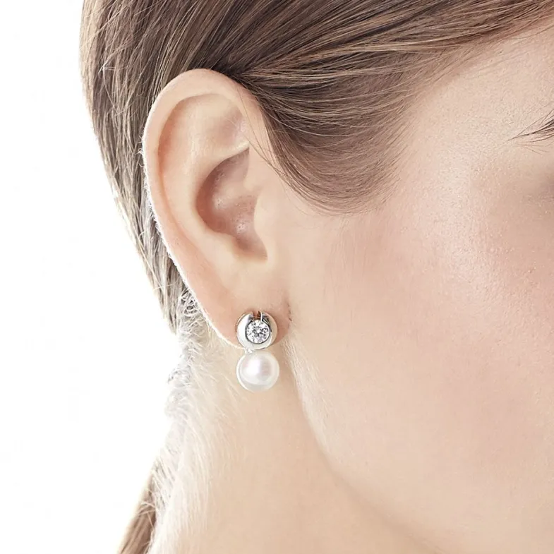 Tu & Yo Earrings|Majorica Earrings Exquisite Silver With 10Mm White Pearl And Zircons