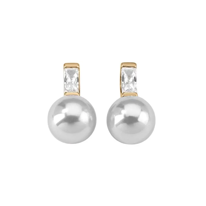 Tu & Yo Earrings|Majorica Earrings Selene Gold Plated With 8Mm White Pearl And Zircons