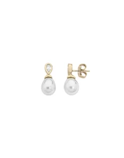 Tu & Yo Earrings|Majorica Earrings Selene Gold Plated With 8Mm Tear White Pearl And Zircons