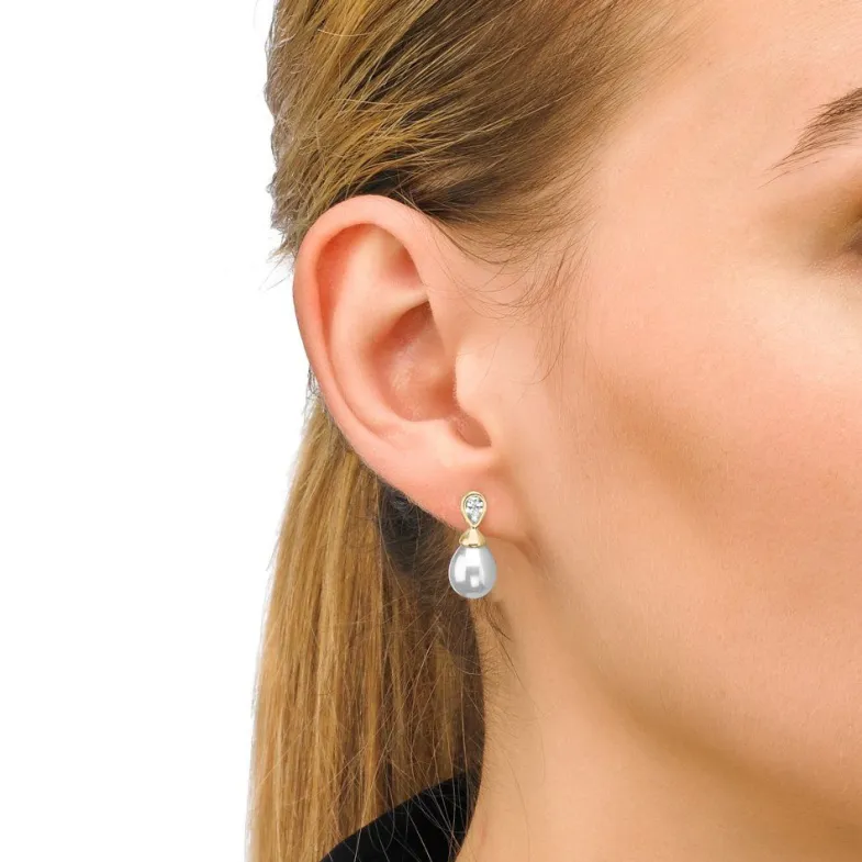 Tu & Yo Earrings|Majorica Earrings Selene Gold Plated With 8Mm Tear White Pearl And Zircons