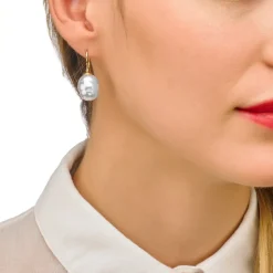 Pearl Drop Earrings|Majorica Earrings Tender Gold Plated With 12Mm White Baroque Pearl