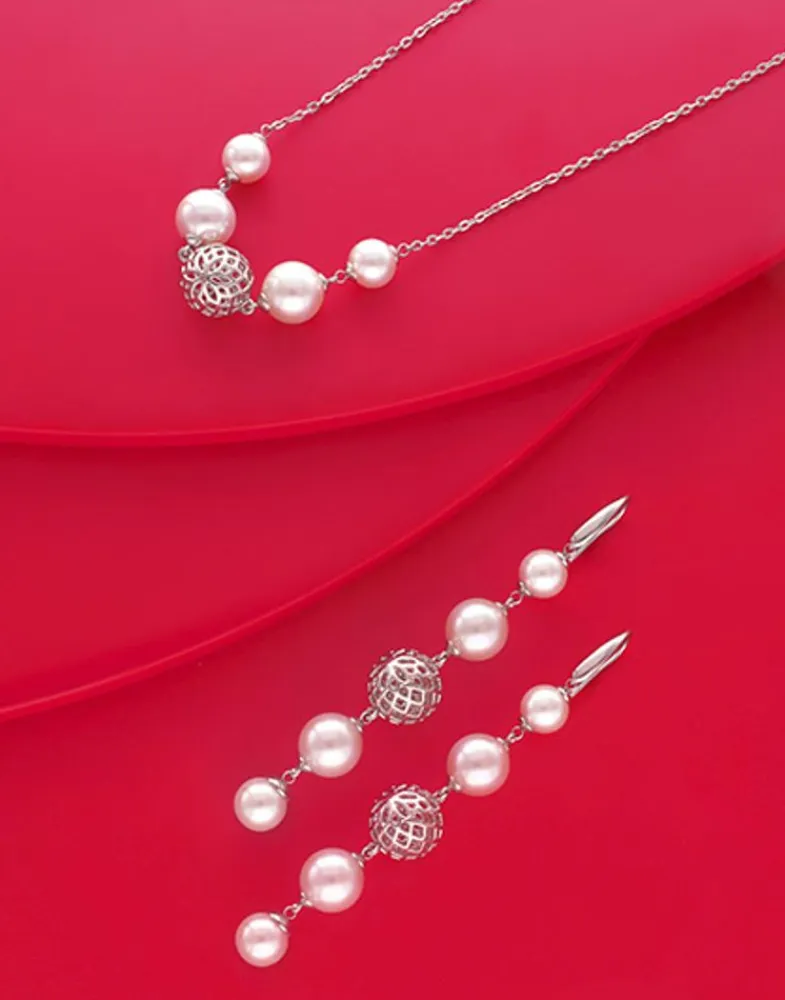 Pearl Drop Earrings|Majorica Eternal Earrings With Round Pearls And Cutwork Ball In Silver