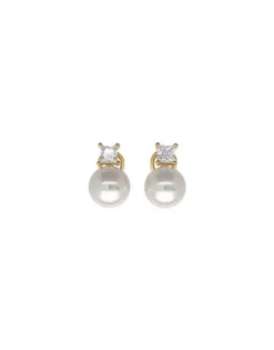 Tu & Yo Earrings|Majorica Golden Silver Earrings Selene With 12Mm White Pearl And Zircons