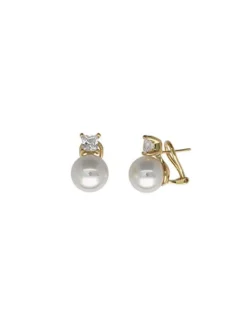 Tu & Yo Earrings|Majorica Golden Silver Earrings Selene With 12Mm White Pearl And Zircons