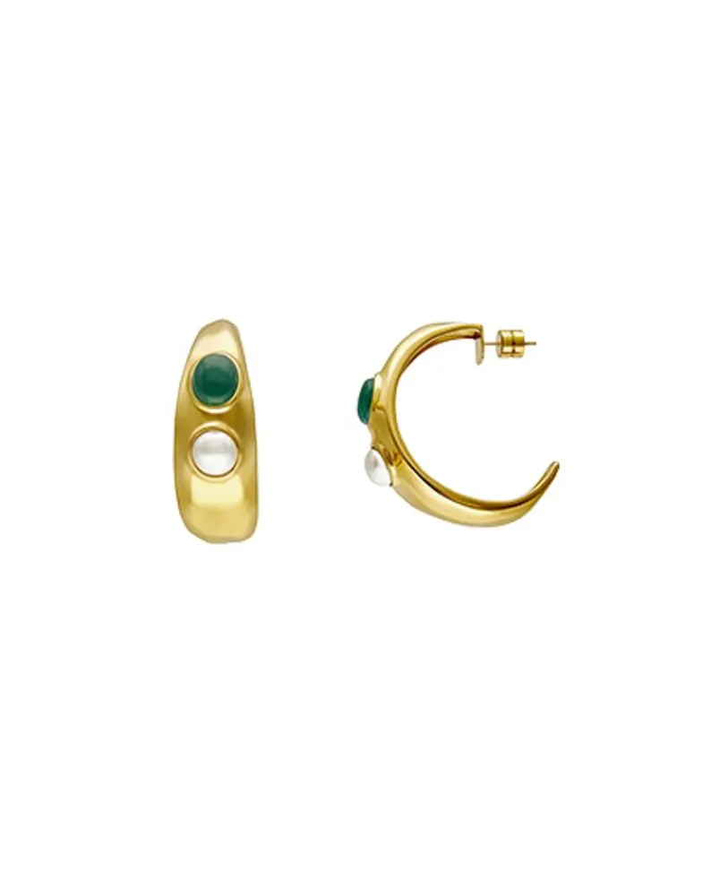 Pearl Hoop Earrings|Majorica Gold Feme Big Hoop Earrings With Pearls And Green Agates