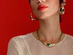 Pearl Hoop Earrings|Majorica Gold Feme Big Hoop Earrings With Pearls And Green Agates