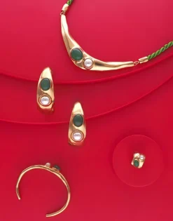 Pearl Hoop Earrings|Majorica Gold Feme Big Hoop Earrings With Pearls And Green Agates