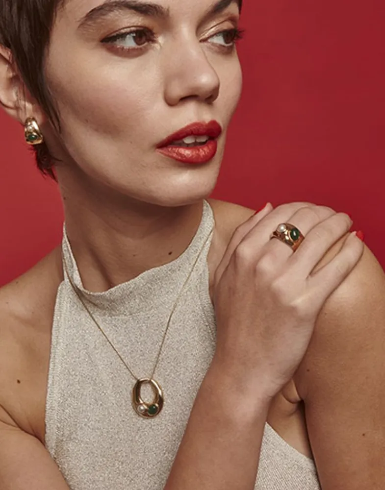 Medium-Sized Rings|Majorica Gold Feme Ring With White Pearl And Green Agate