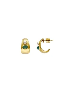 Pearl Hoop Earrings|Majorica Gold Feme Small Hoop Earrings With Pearls And Green Agates