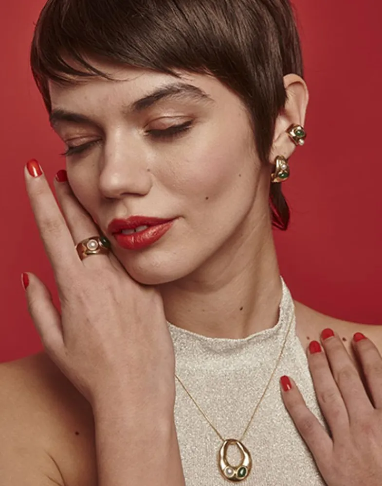 Pearl Hoop Earrings|Majorica Gold Feme Small Hoop Earrings With Pearls And Green Agates
