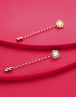 Pins|Majorica Le Club Long Steel Broach With Logo And White Half Pearl