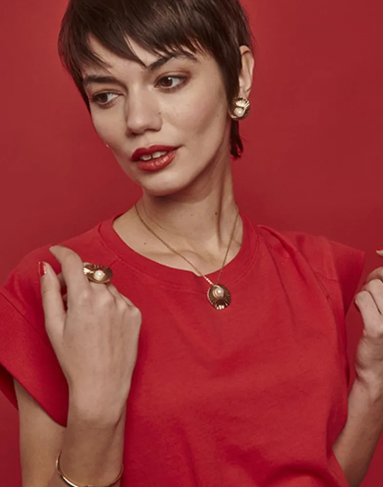 Short Earrings|Majorica Le Palm Pearl Gold-Steel Earrings With Omega Clasp