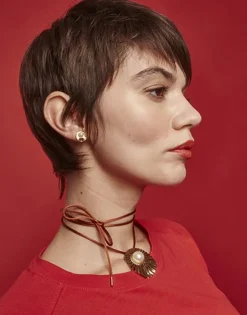 Pendants With Chain|Majorica Le Palm White Pearl Gold-Plated Steel Necklace With Brown Silk Cord