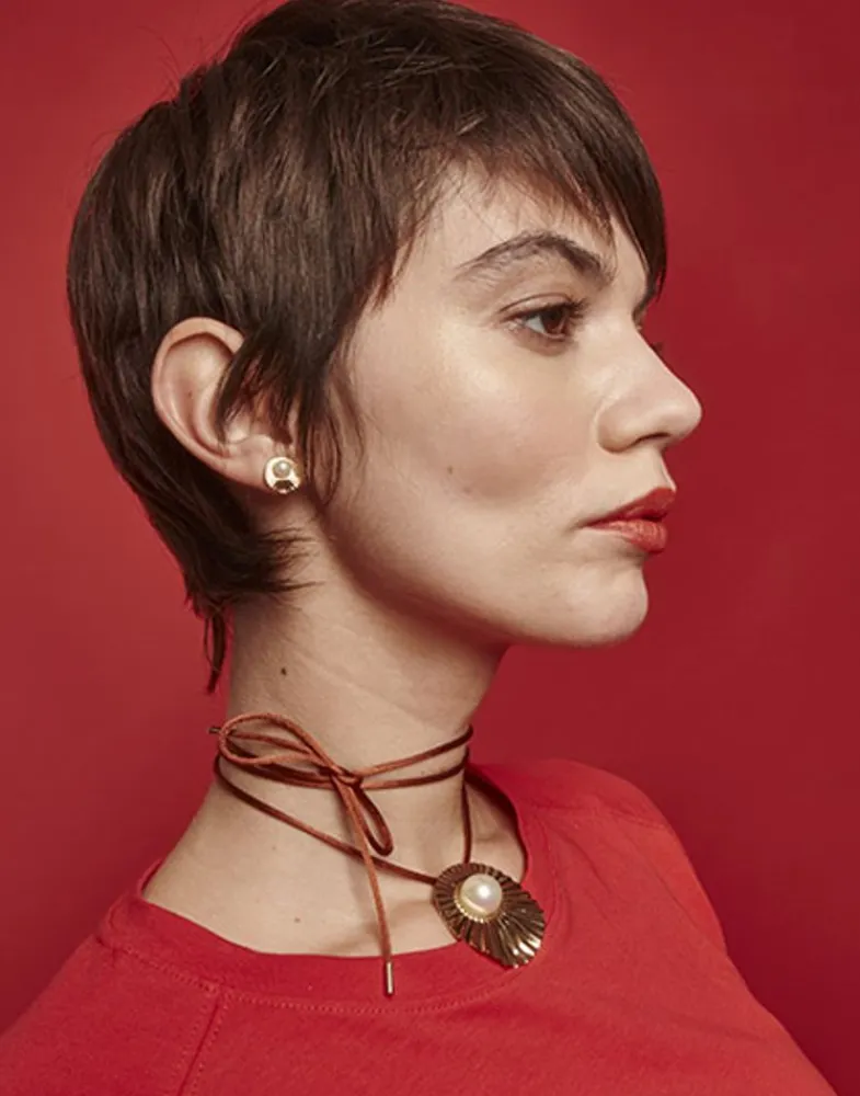 Pendants With Chain|Majorica Le Palm White Pearl Gold-Plated Steel Necklace With Brown Silk Cord