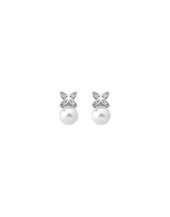 Bridal Earrings|Majorica Romance Earrings With A Round Pearl And Cubic Zirconias