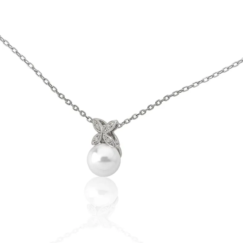 Wedding Necklaces|Majorica Romance Necklace With A Round Pearl And Cubic Zirconias