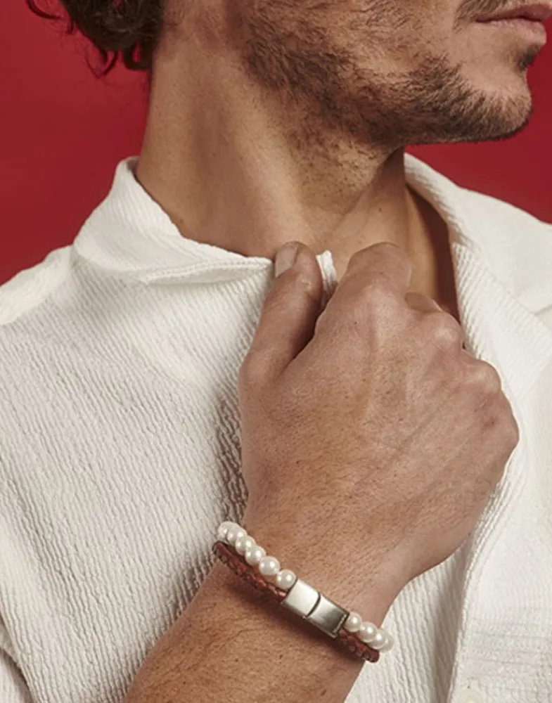 Leather Bracelets|Majorica Sailor Bracelet In Steel, Brown Leather And White Pearl 21Cm