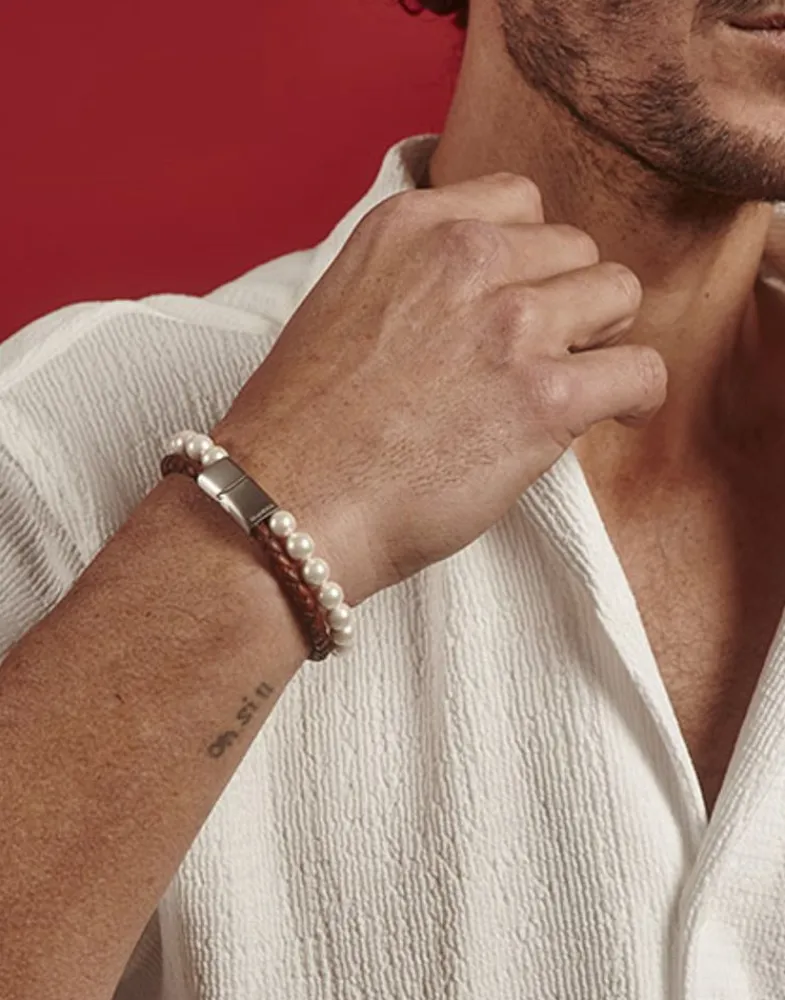 Leather Bracelets|Majorica Sailor Bracelet In Steel, Brown Leather And White Pearl 22Cm