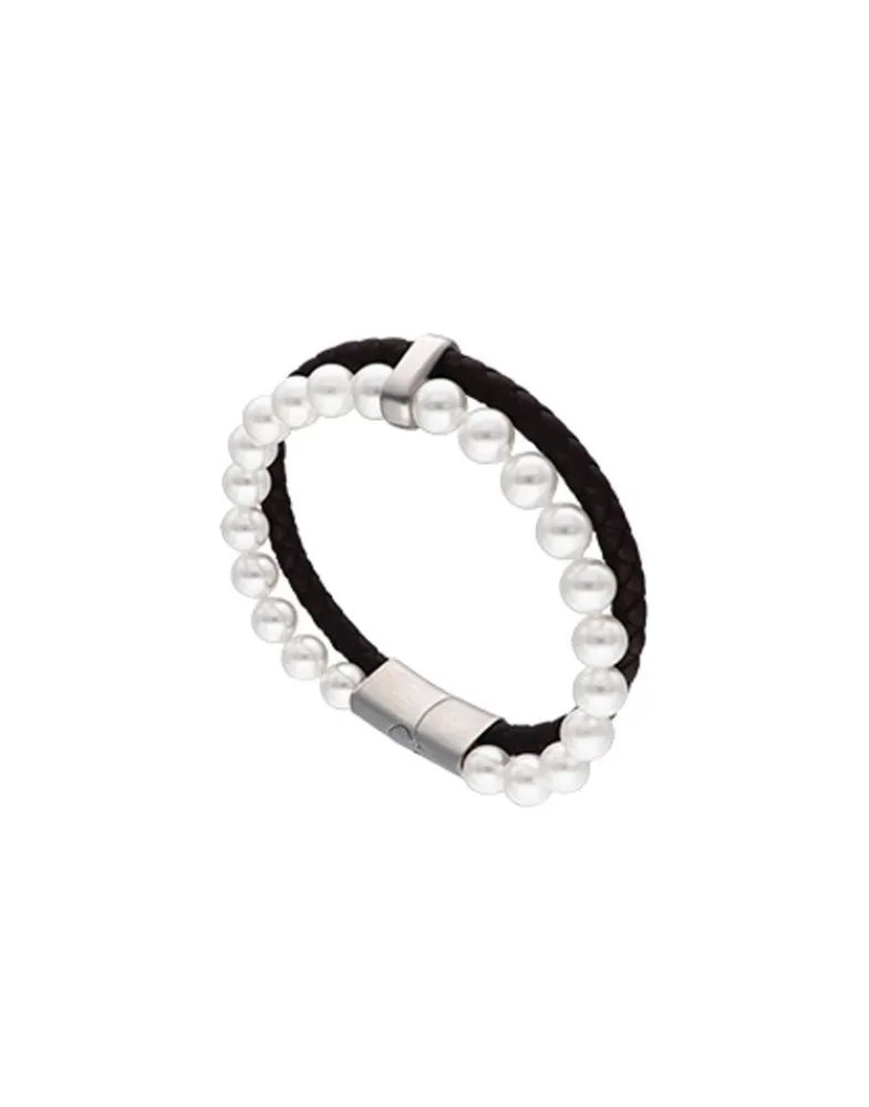 Leather Bracelets|Majorica Sailor Bracelet In Steel, Brown Leather And White Pearl 22Cm