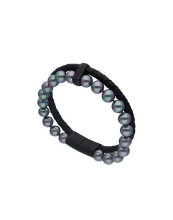 Leather Bracelets|Majorica Sailor Bracelet In Steel, Leather And Grey Pearl 21Cm