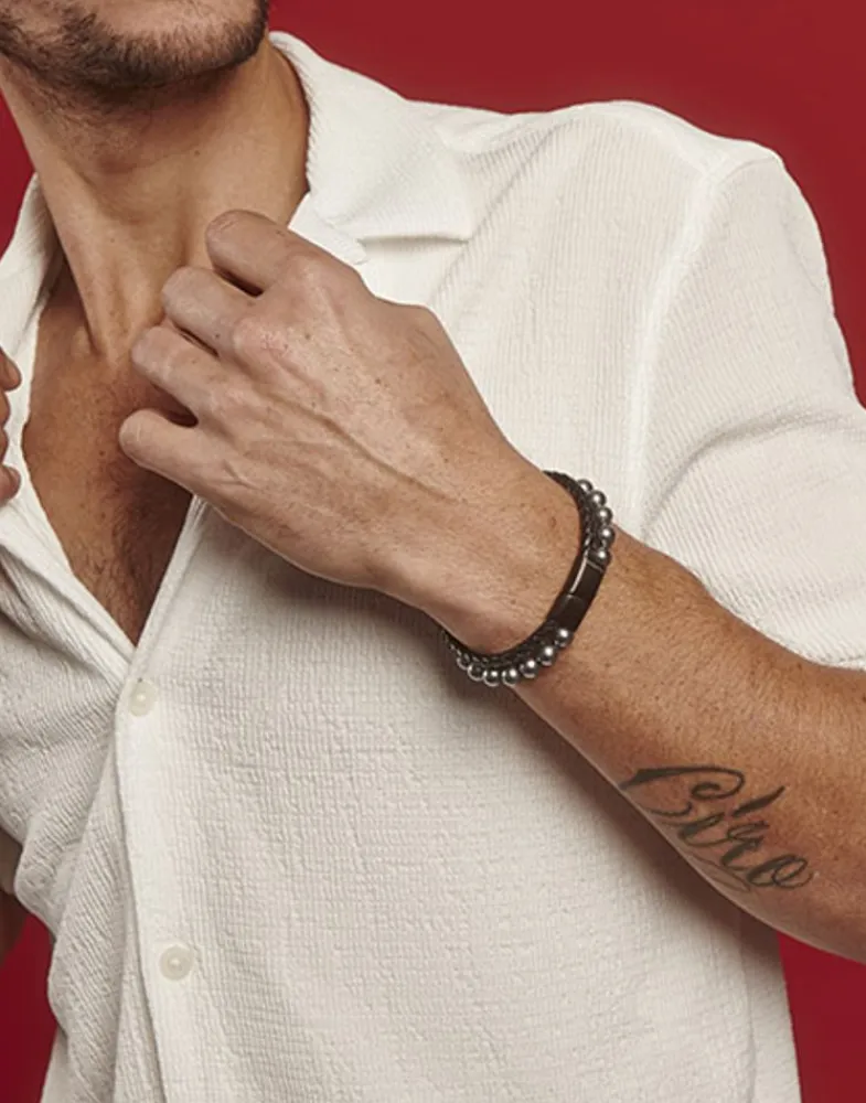 Leather Bracelets|Majorica Sailor Bracelet In Steel, Leather And Grey Pearl 22Cm