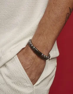 Leather Bracelets|Majorica Sailor Bracelet In Steel, Leather And Grey Pearl 22Cm