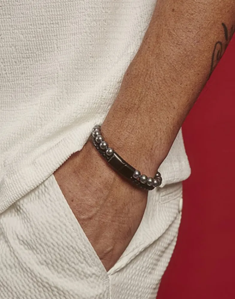 Leather Bracelets|Majorica Sailor Bracelet In Steel, Leather And Grey Pearl 22Cm