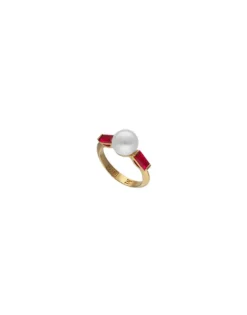 Medium-Sized Rings|Majorica Selene Gold-Plated Ring With Pearl And Ruby Red Zirconia
