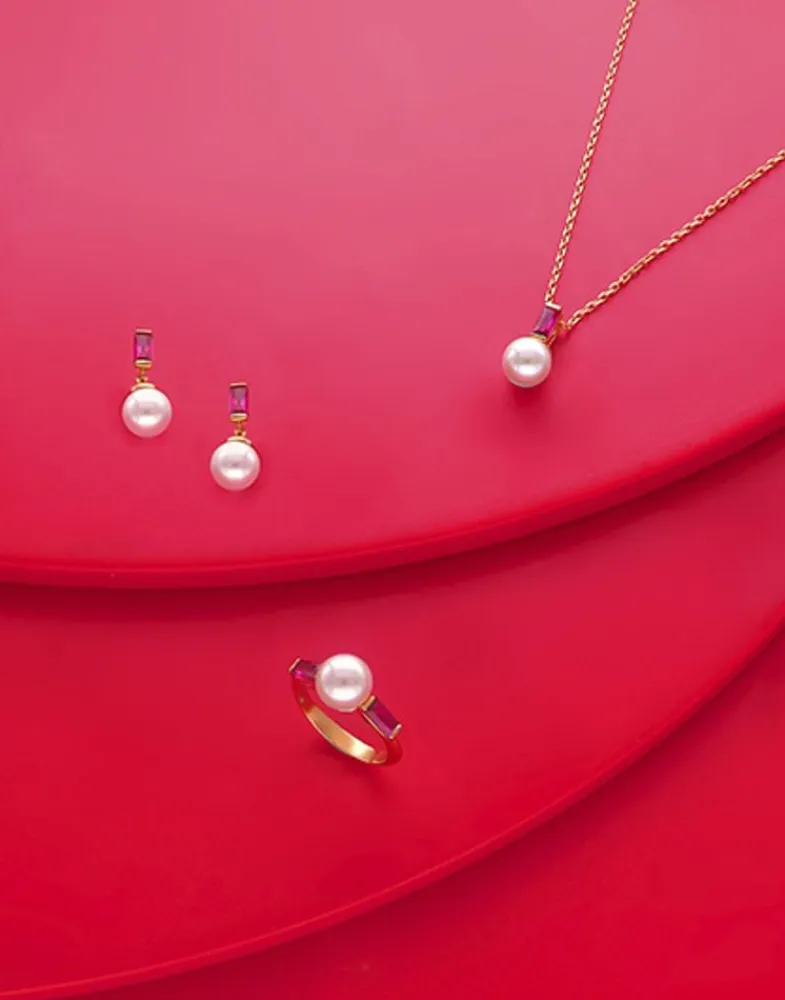 Medium-Sized Rings|Majorica Selene Gold-Plated Ring With Pearl And Ruby Red Zirconia