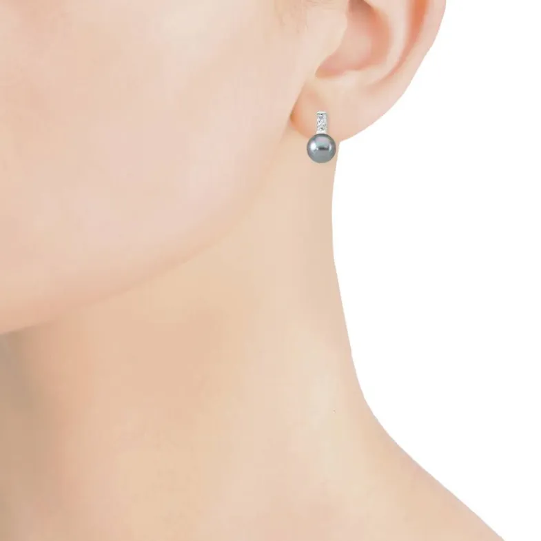 Tu & Yo Earrings|Majorica Silver Earring Selene With 8Mm Gray Pearl And Zircons