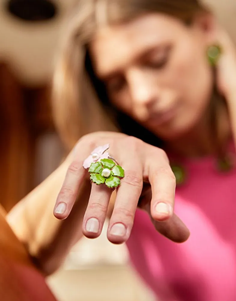 Medium-Sized Rings|Majorica Silver Santorini Large Olive Green Flower Ring